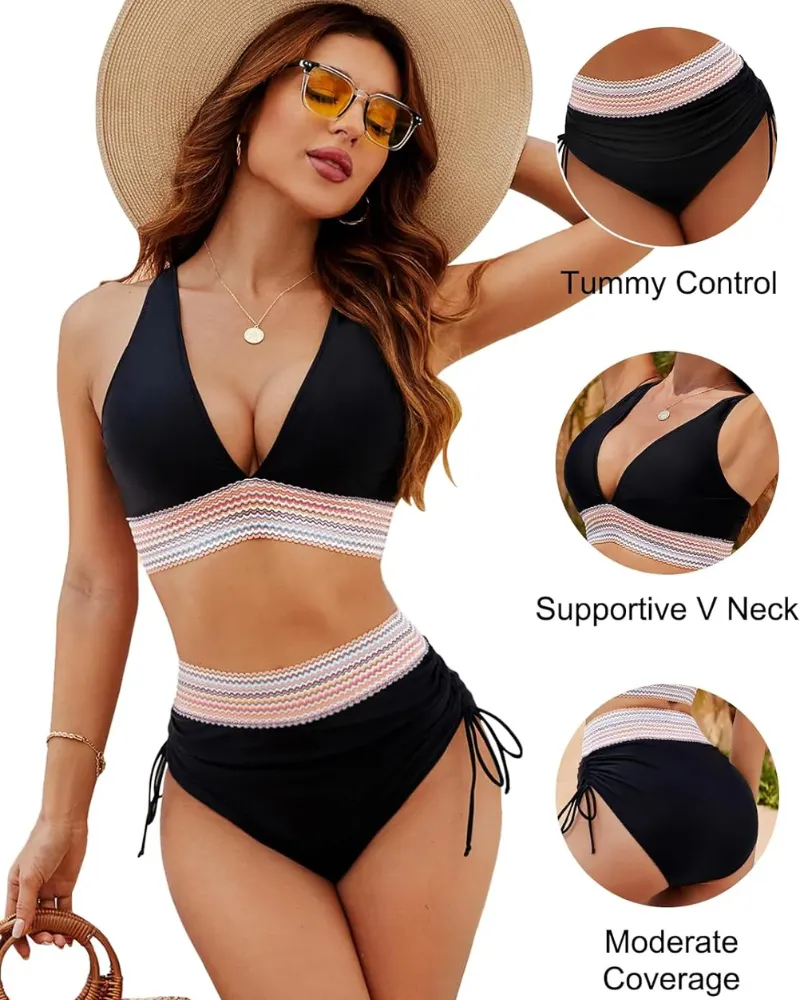 SheCurve®High Waisted Tummy Control Color Block Bikini Sets