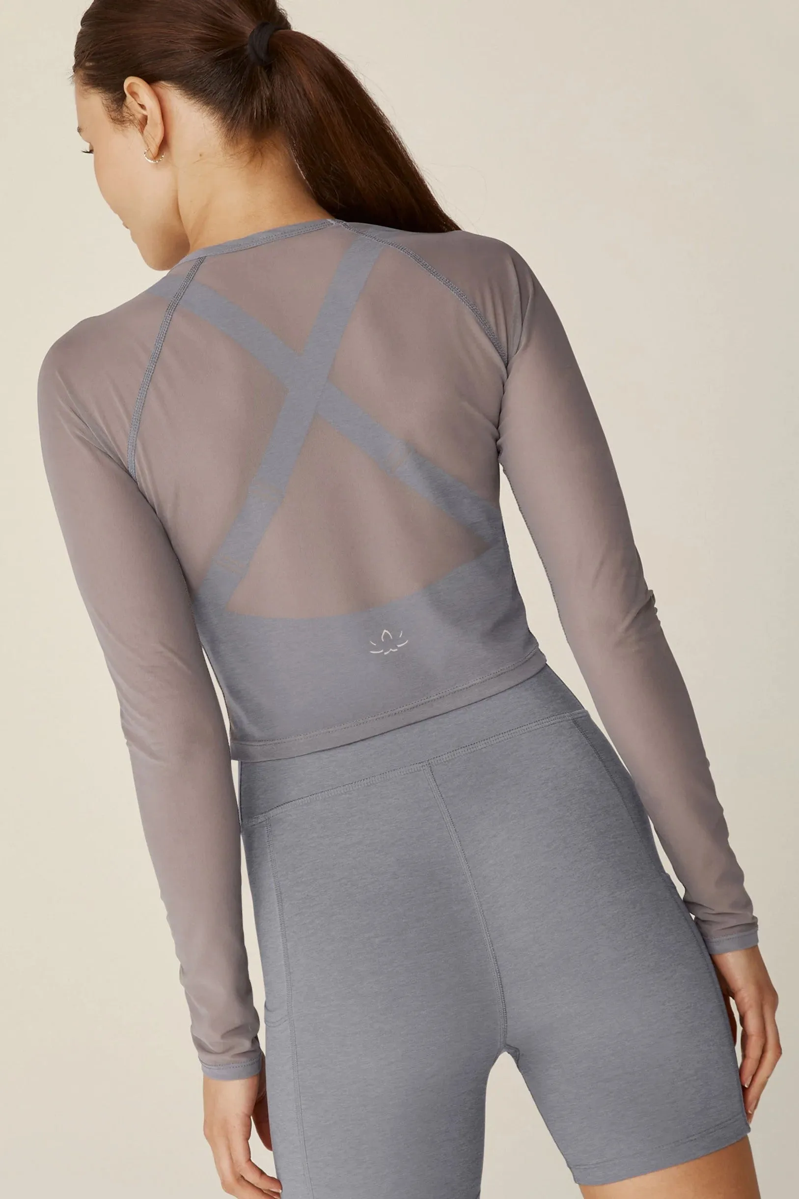 Show Off Mesh Long Sleeved Cropped Top - Cloud Grey