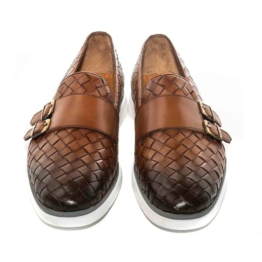 SIGOTTO UOMO Woven Double Buckle Tan Soft Leather Casual Shoes