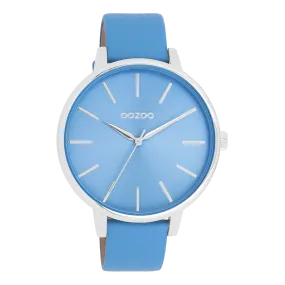 Silver coloured OOZOO watch with mineral blue leather strap - C11296