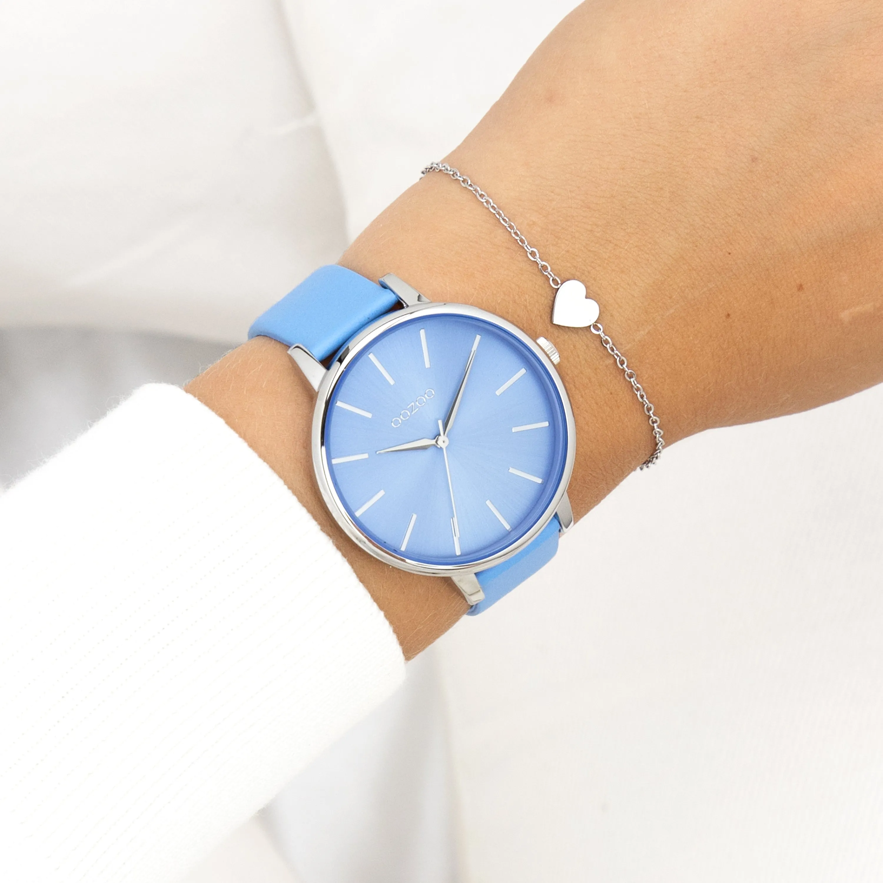 Silver coloured OOZOO watch with mineral blue leather strap - C11296