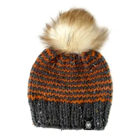 Skinny Stripe Faux Fur Pom-Pom Beanie in Autumn Twist