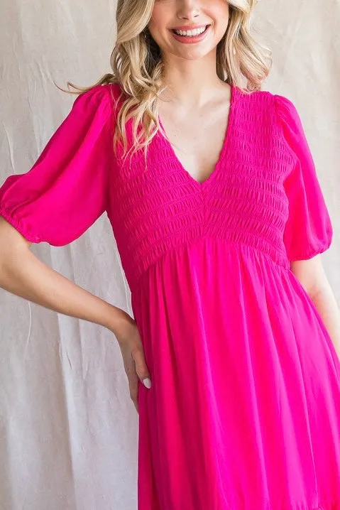 Smocked Tiered Puff Sleeve Midi Dress- Hot Pink