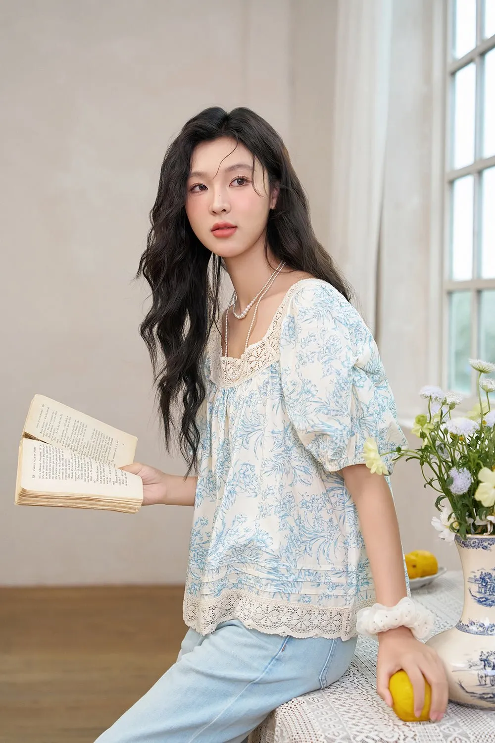 Square Collar Printing Blouse for Women