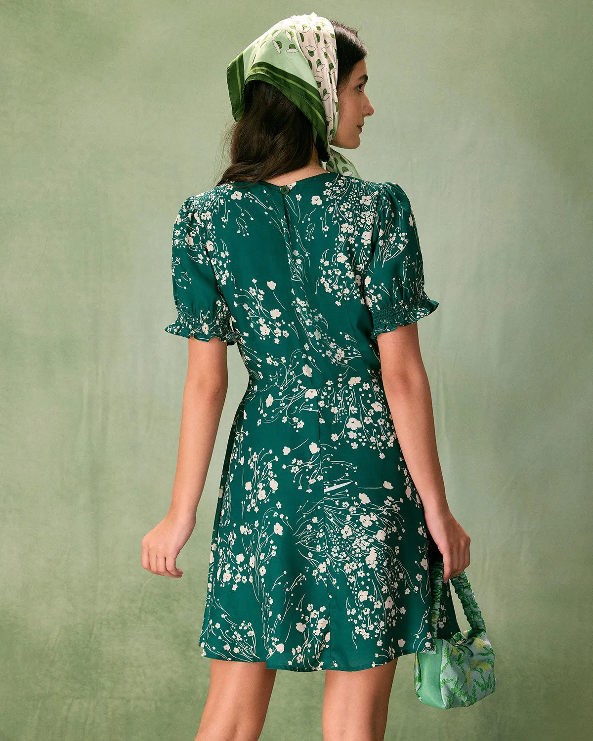 The Green Round Neck Floral Mini Dress