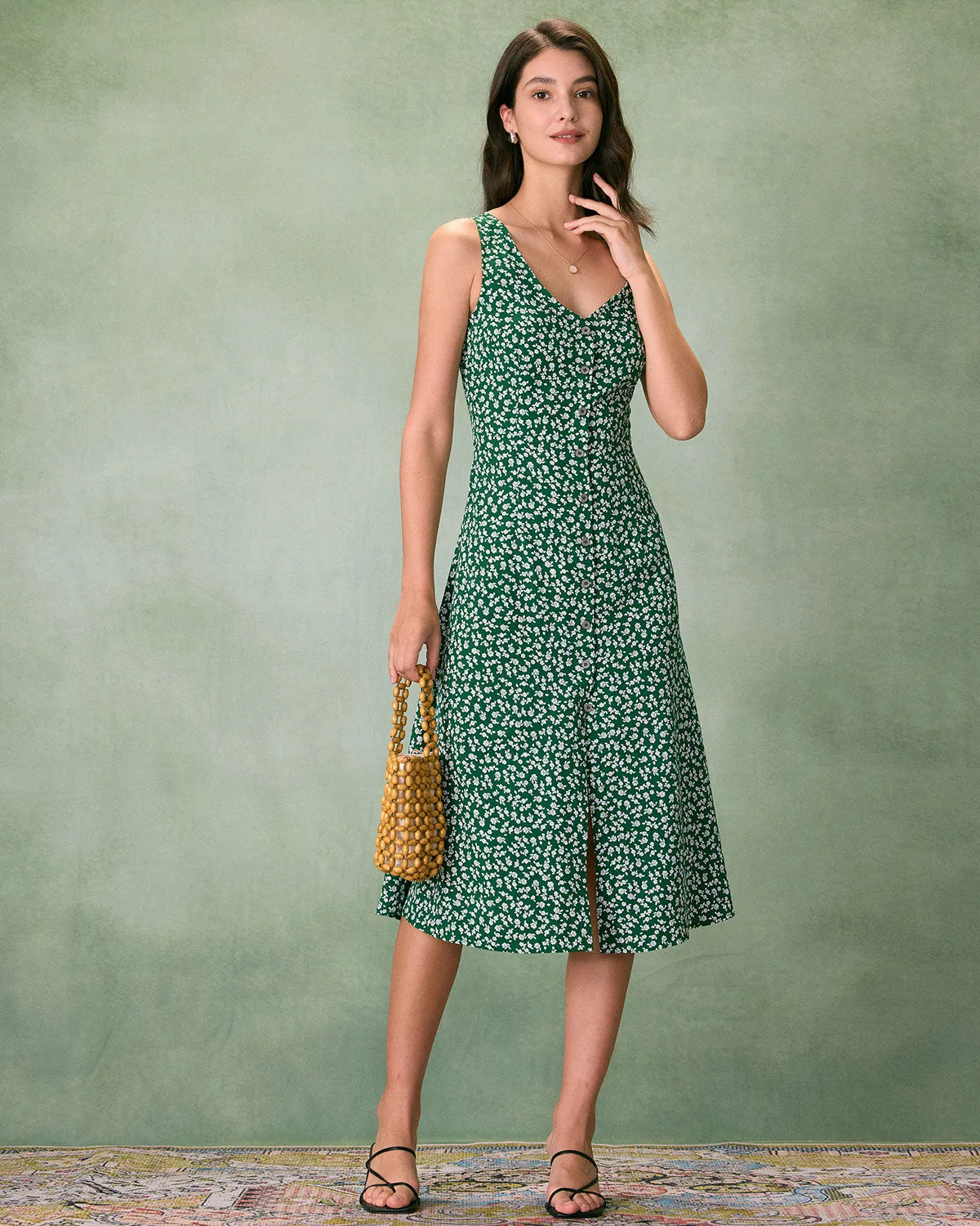 The Green V Neck Floral Button Midi Dress