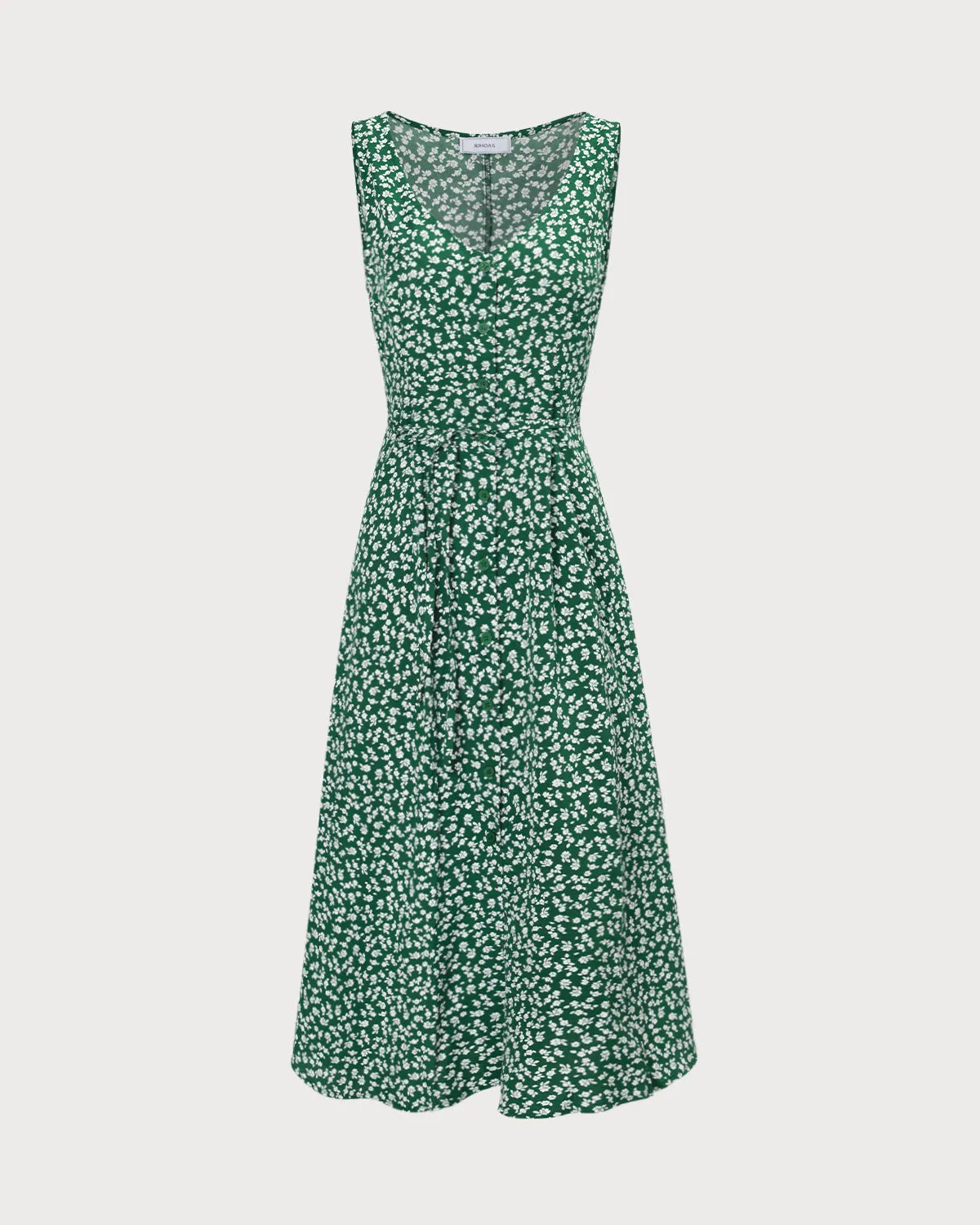 The Green V Neck Floral Button Midi Dress