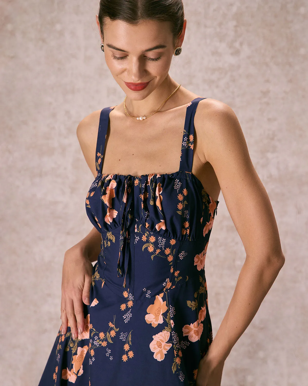 The Navy Lace Up Floral Ruched Midi Dress