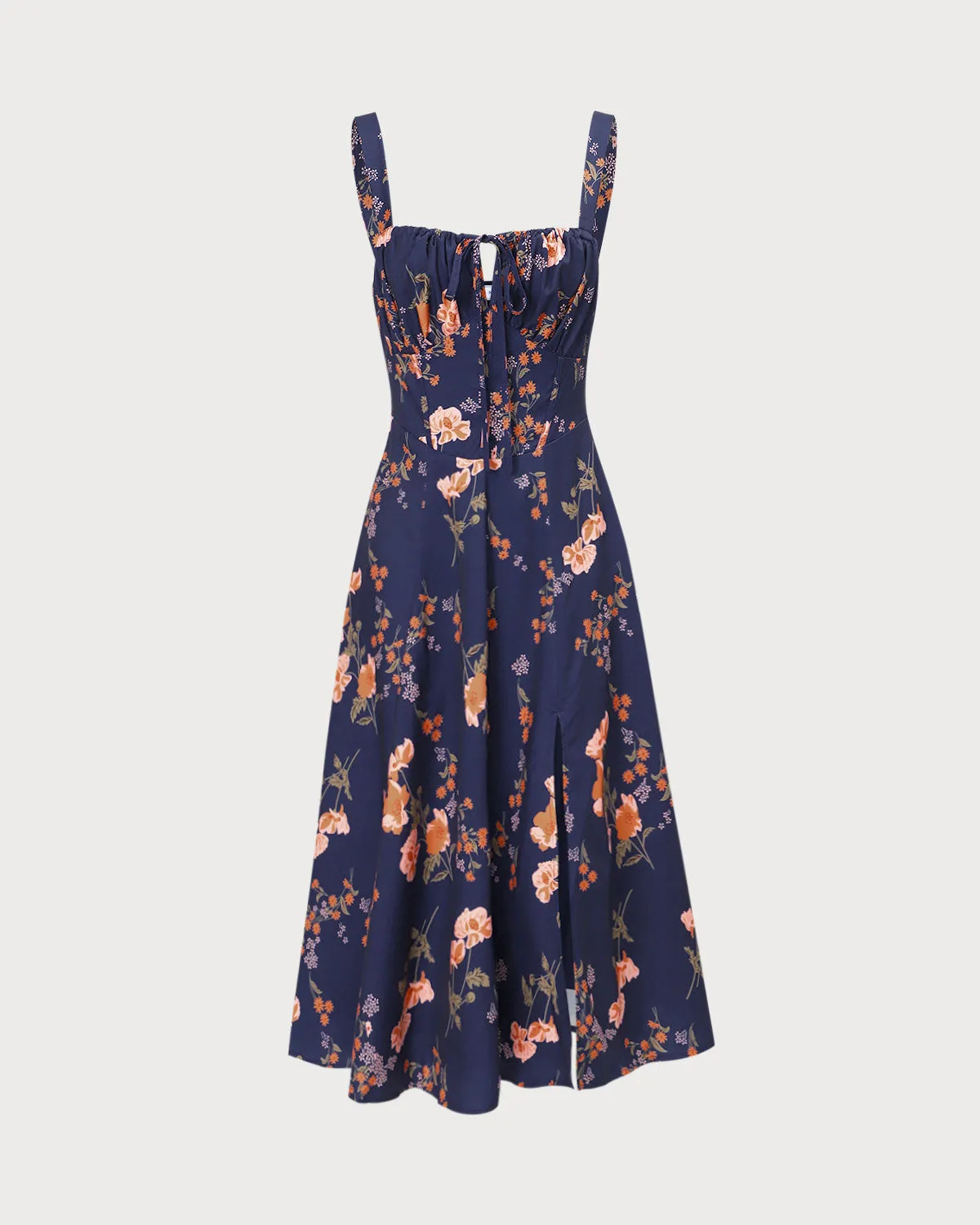 The Navy Lace Up Floral Ruched Midi Dress