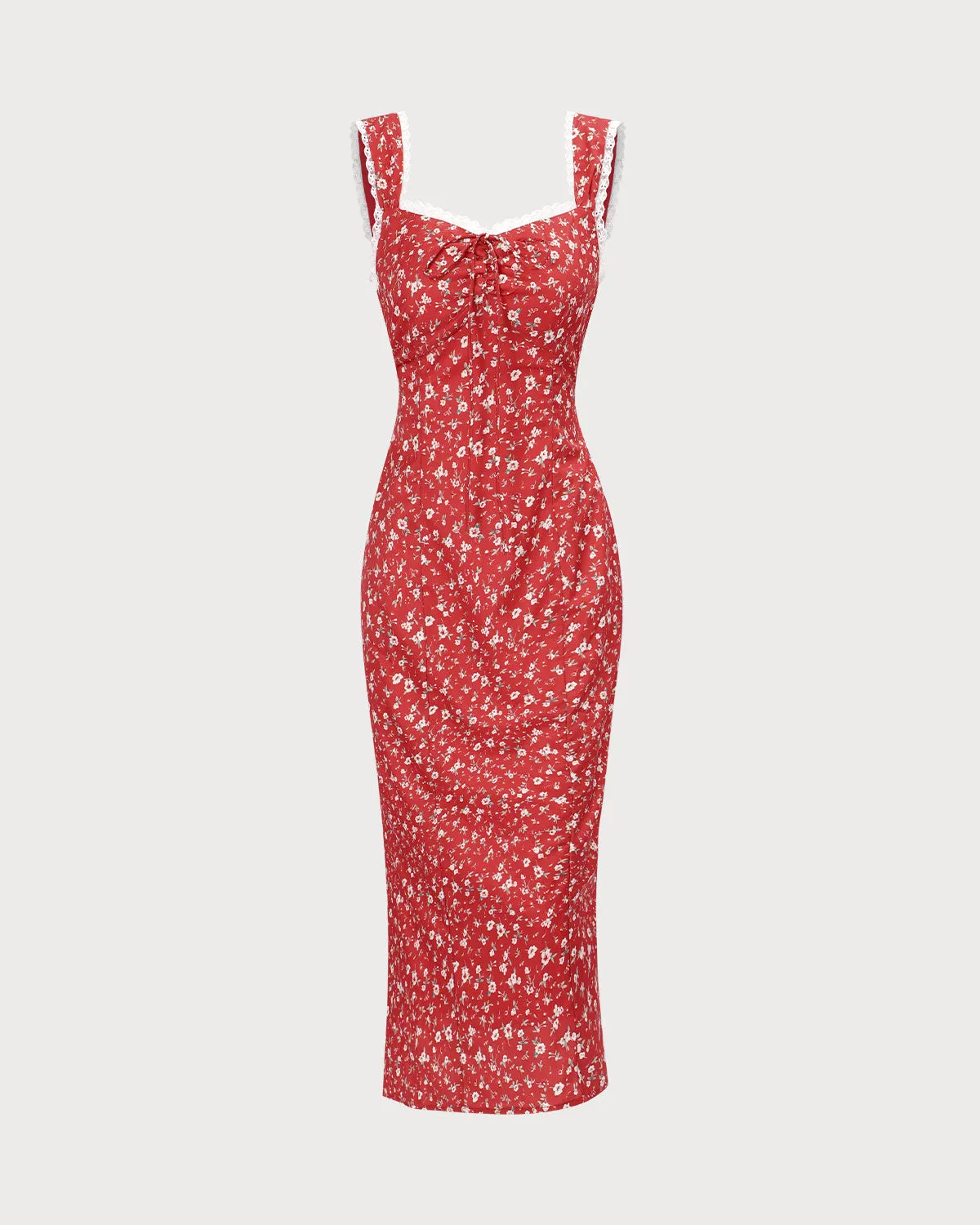 The Red Sweetheart Neck Floral Lace Trim Midi Dress