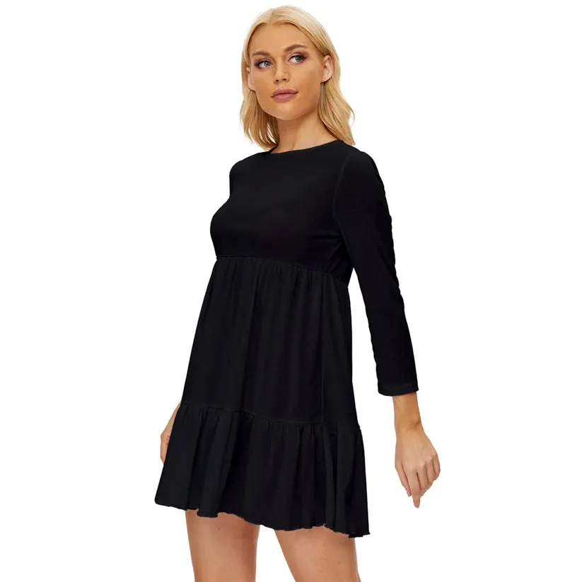 Vampire Art Grunge Chic Long Sleeve Babydoll Dress - Black