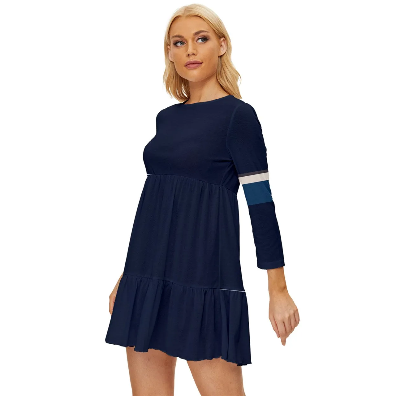 Vampire Art Grunge Chic Long Sleeve Babydoll Dress - Retro Seventies Blue With Stripes