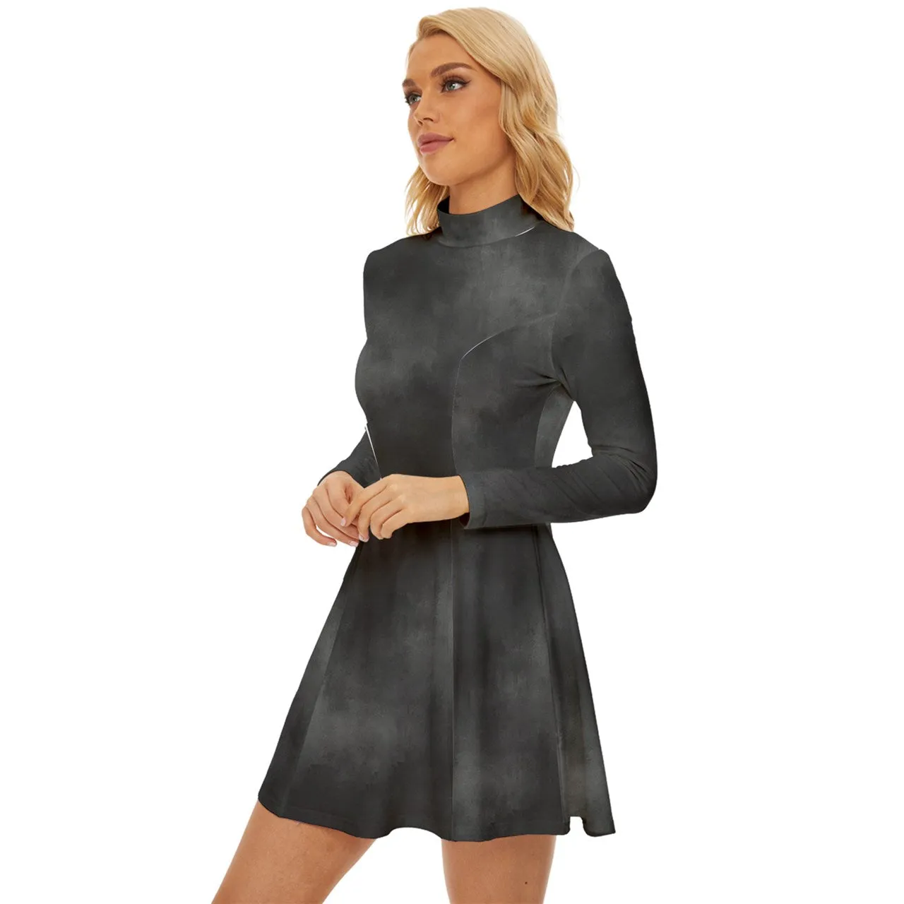 Vampire Art Grunge Chic Long Sleeve Velour Longline Dress - Grunge Cloudy Charcoal