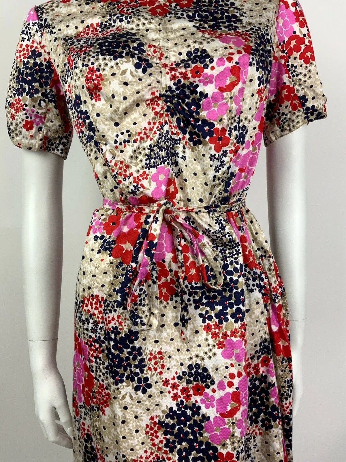 VINTAGE 60s 70s BEIGE BLUE RED PINK FLORAL DITSY PSYCHEDELIC DRESS 10 12