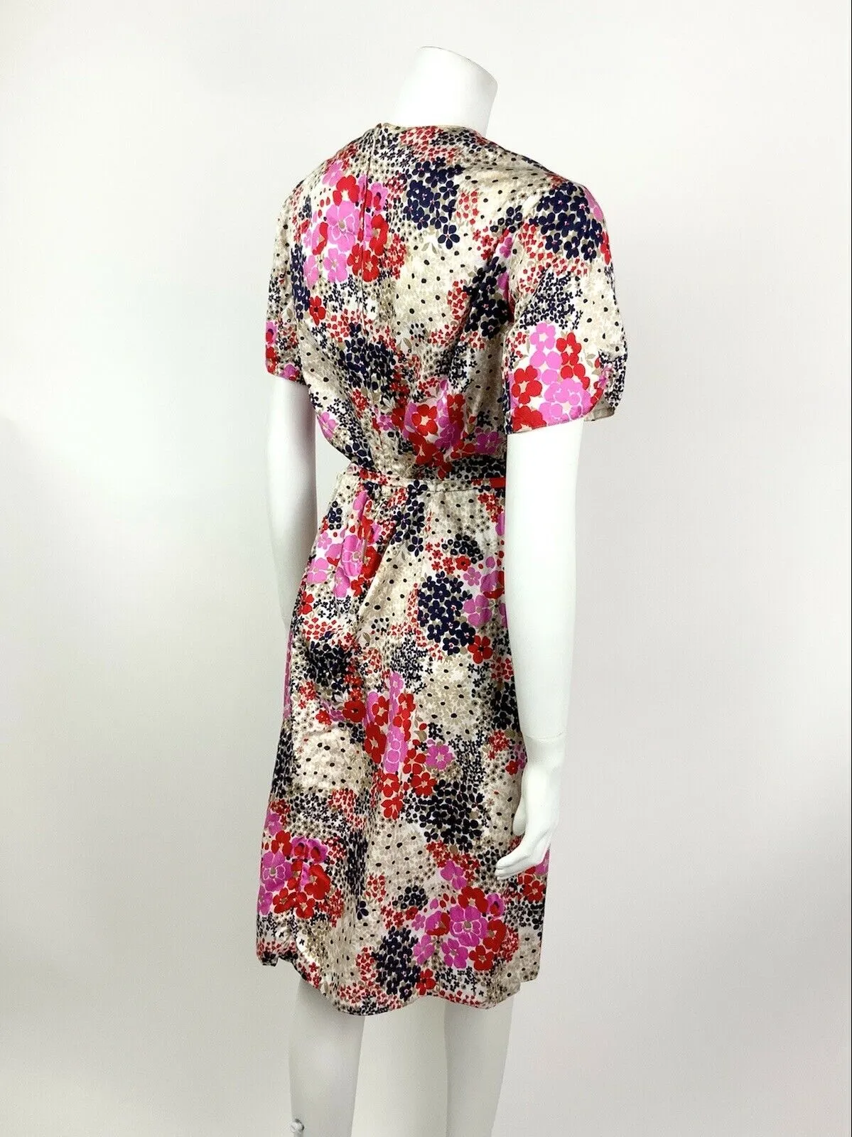 VINTAGE 60s 70s BEIGE BLUE RED PINK FLORAL DITSY PSYCHEDELIC DRESS 10 12