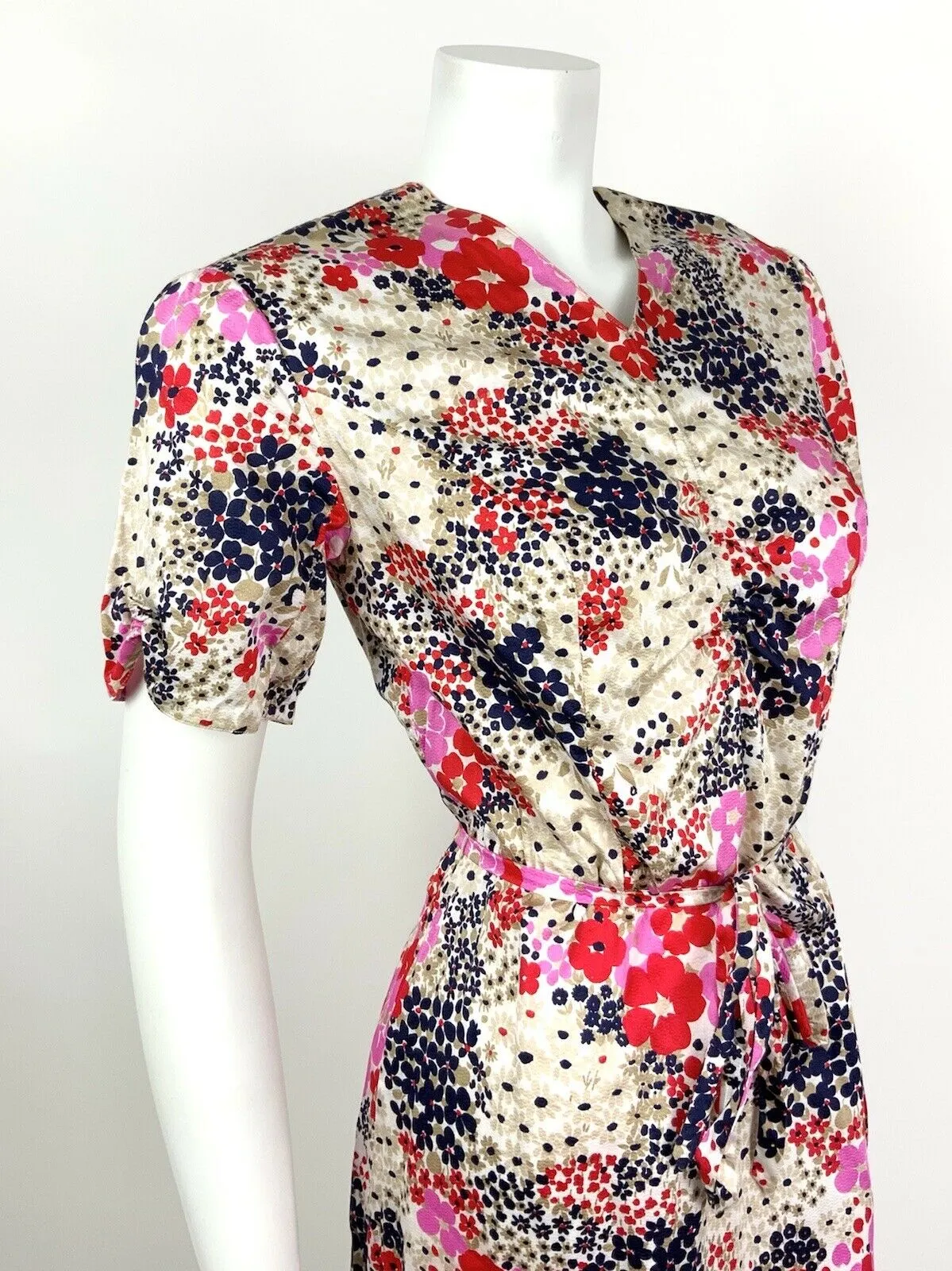 VINTAGE 60s 70s BEIGE BLUE RED PINK FLORAL DITSY PSYCHEDELIC DRESS 10 12