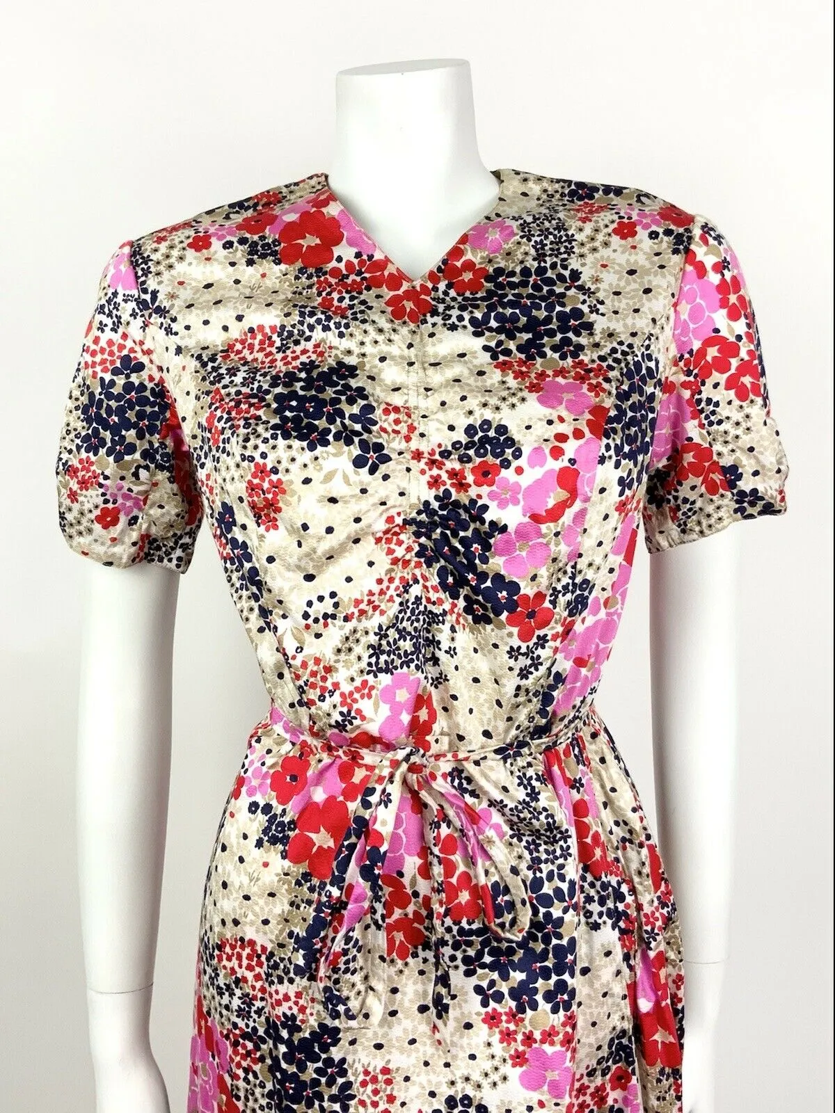 VINTAGE 60s 70s BEIGE BLUE RED PINK FLORAL DITSY PSYCHEDELIC DRESS 10 12