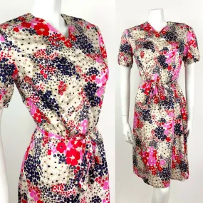 VINTAGE 60s 70s BEIGE BLUE RED PINK FLORAL DITSY PSYCHEDELIC DRESS 10 12