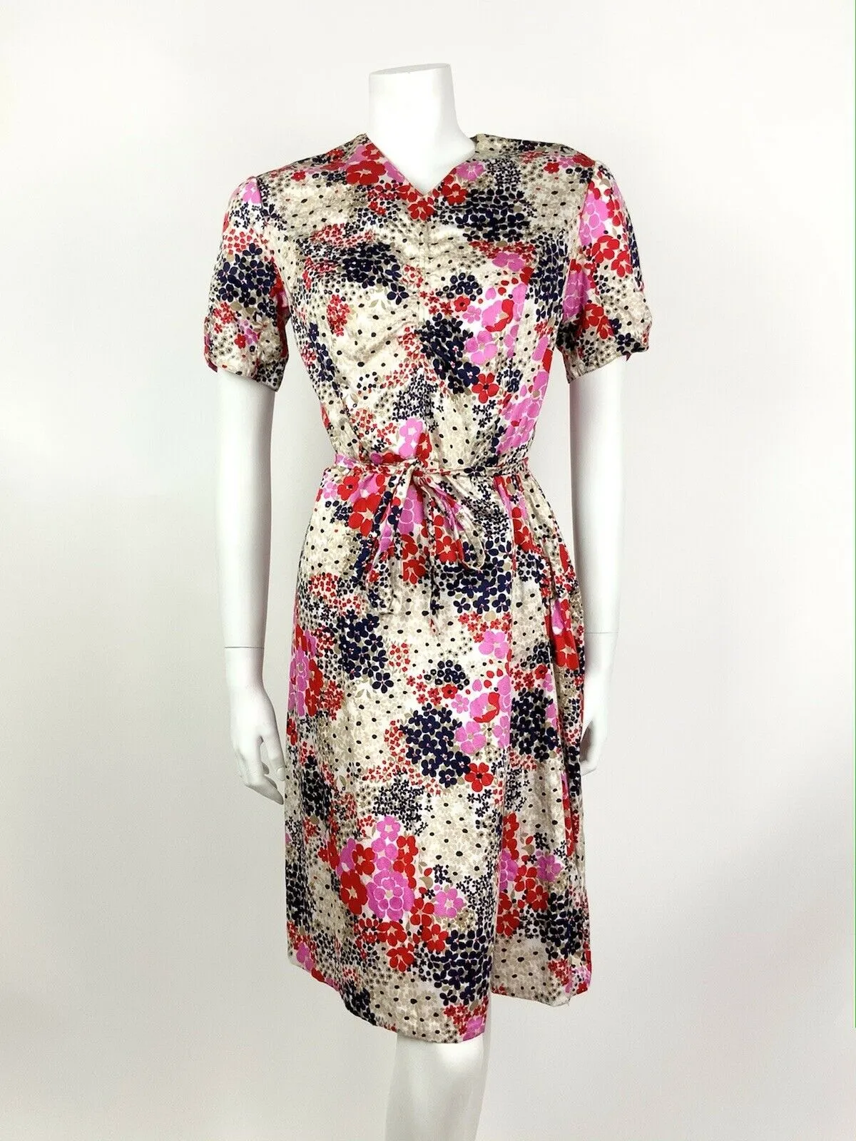 VINTAGE 60s 70s BEIGE BLUE RED PINK FLORAL DITSY PSYCHEDELIC DRESS 10 12