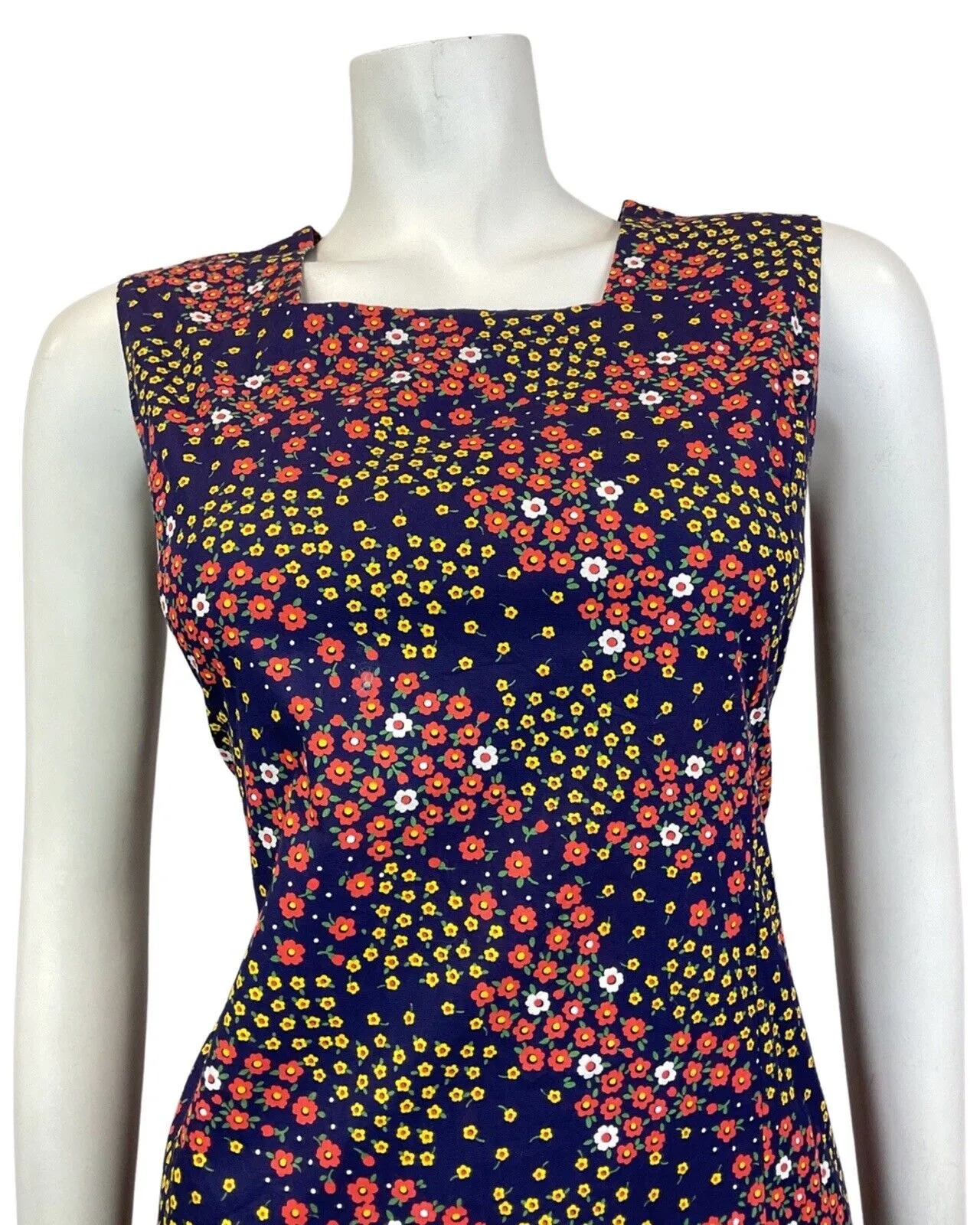 VINTAGE 60s 70s BLUE RED YELLOW DITSY FLOWER SLEEVELESS SUMMER DRESS 10 12