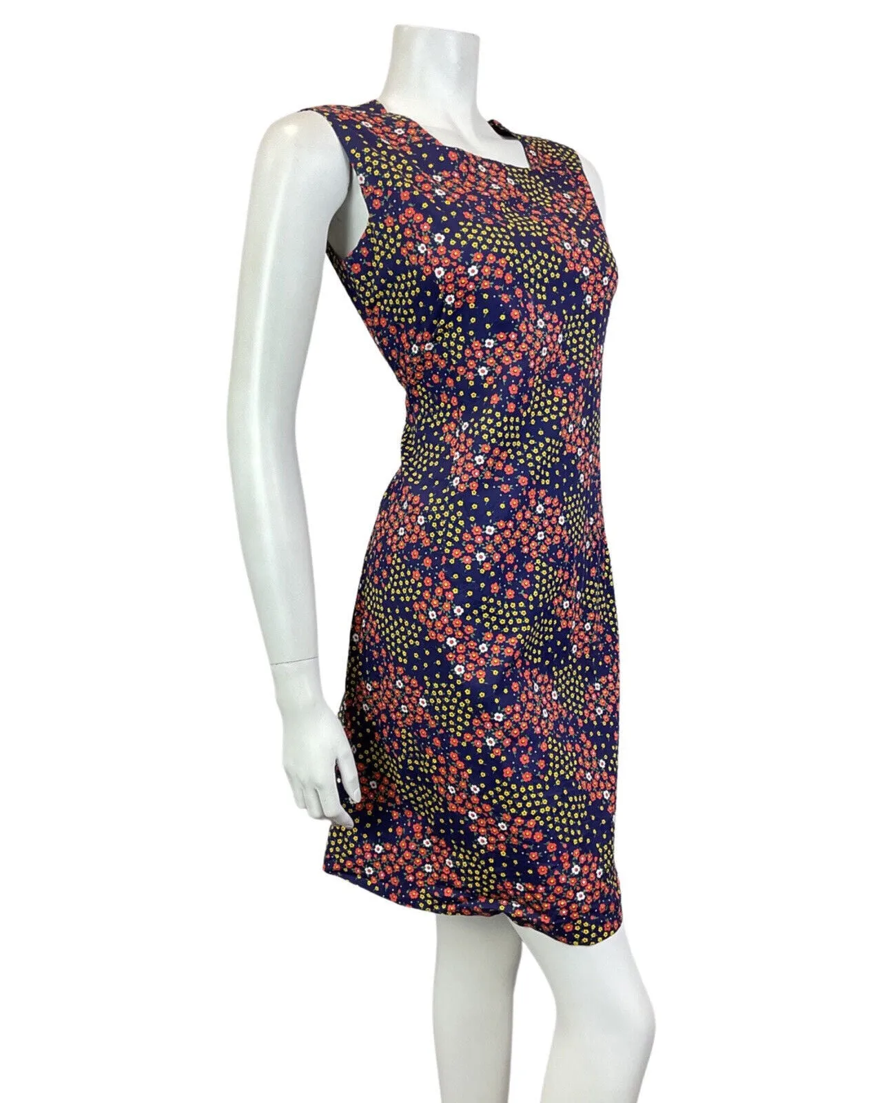 VINTAGE 60s 70s BLUE RED YELLOW DITSY FLOWER SLEEVELESS SUMMER DRESS 10 12