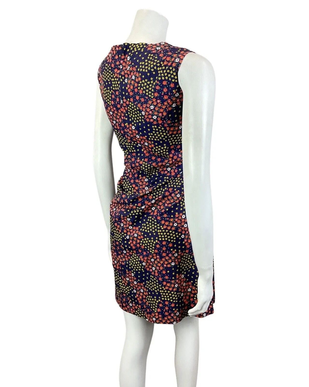 VINTAGE 60s 70s BLUE RED YELLOW DITSY FLOWER SLEEVELESS SUMMER DRESS 10 12