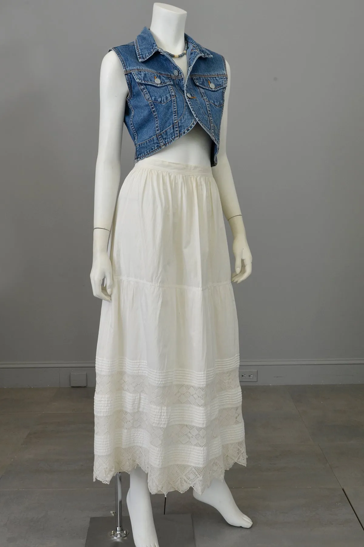 White Edwardian Petticoat Lawn Skirt with Tatted Lace Panels and Pintucking at Hem