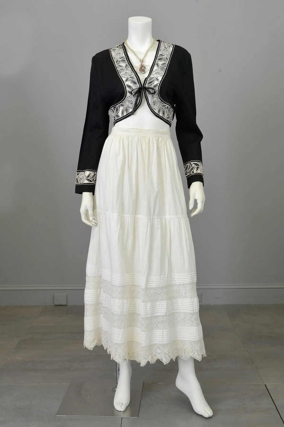 White Edwardian Petticoat Lawn Skirt with Tatted Lace Panels and Pintucking at Hem