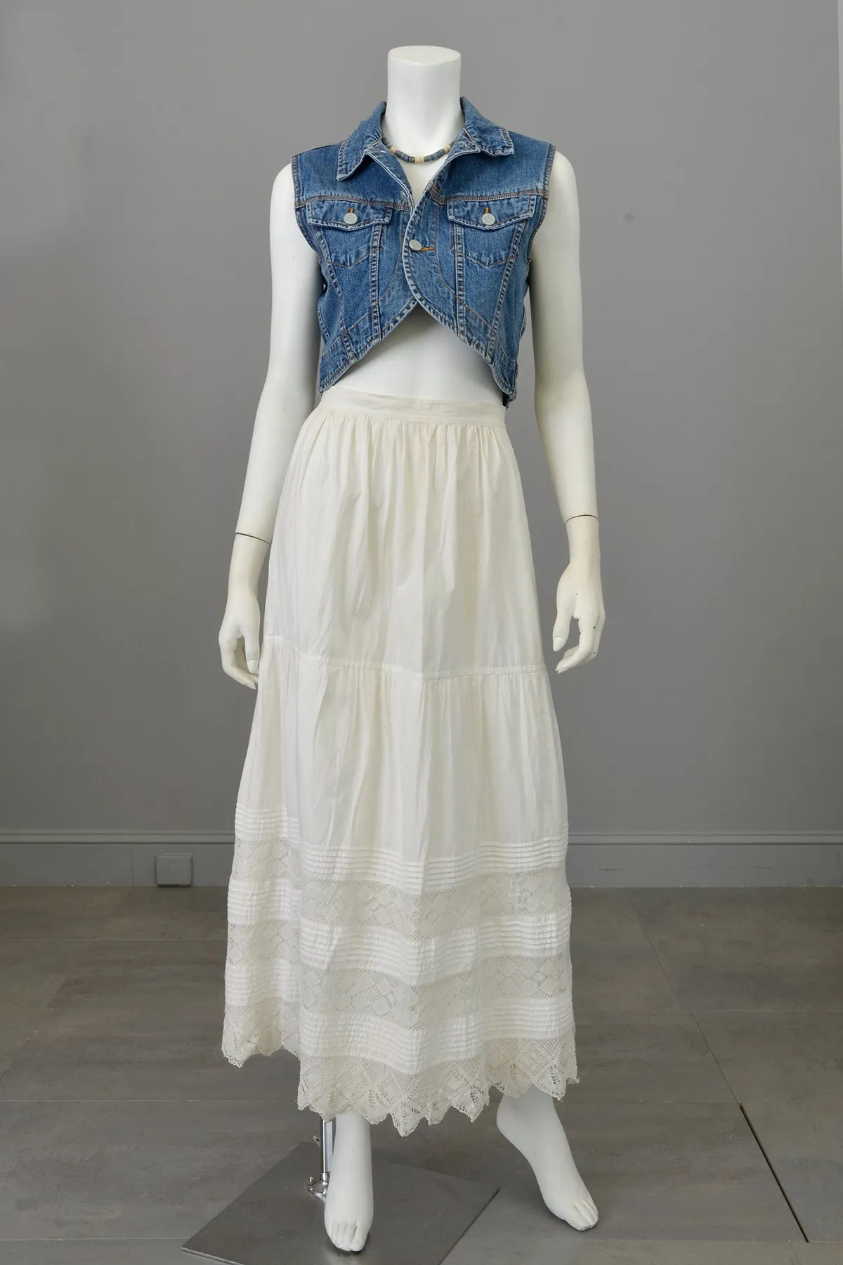 White Edwardian Petticoat Lawn Skirt with Tatted Lace Panels and Pintucking at Hem