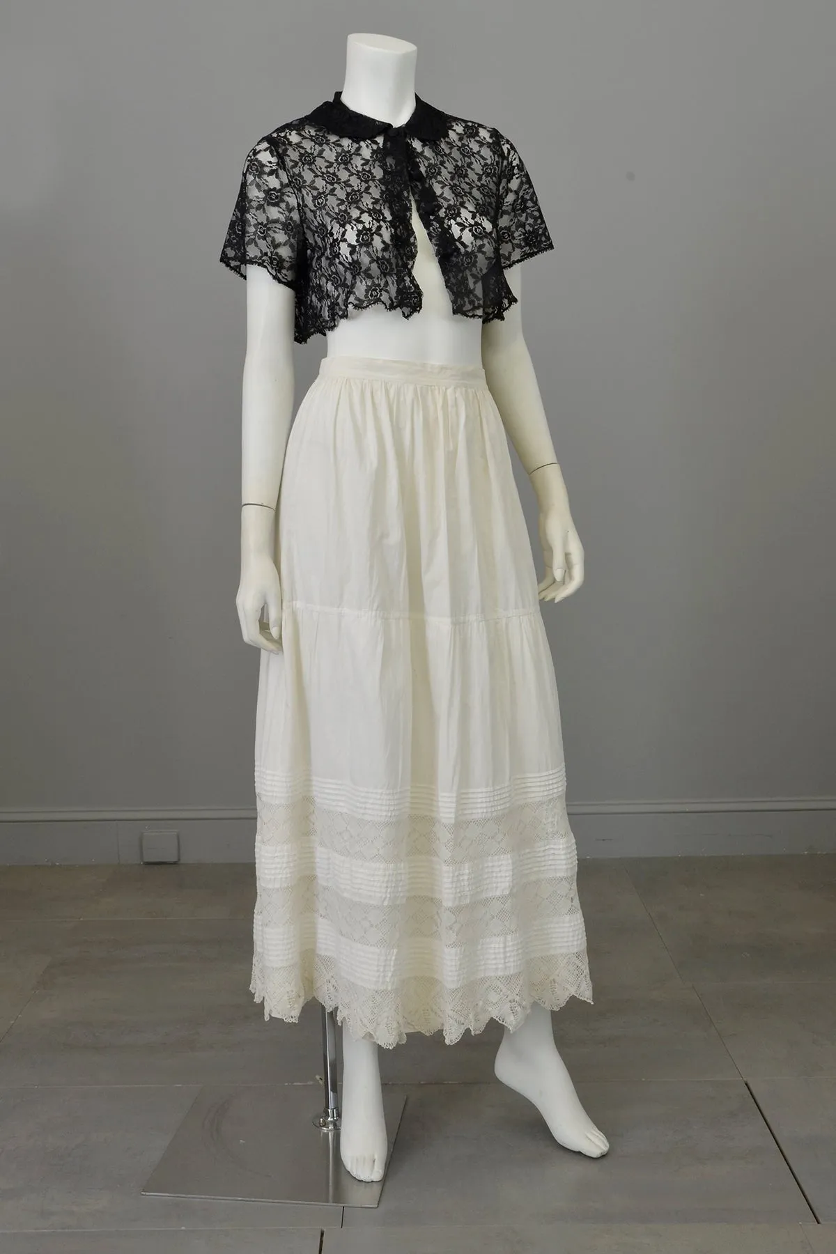 White Edwardian Petticoat Lawn Skirt with Tatted Lace Panels and Pintucking at Hem