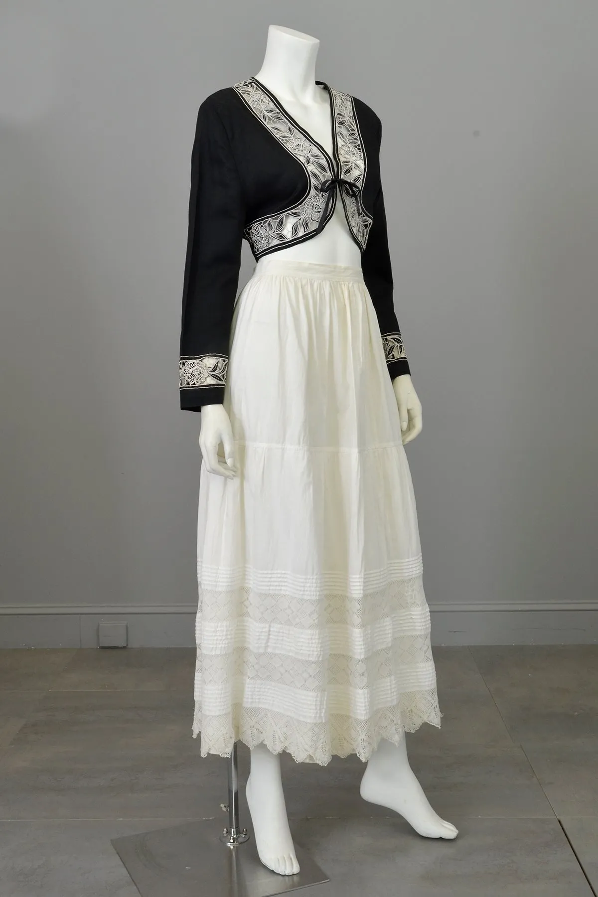 White Edwardian Petticoat Lawn Skirt with Tatted Lace Panels and Pintucking at Hem