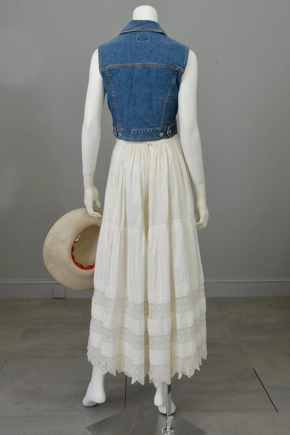 White Edwardian Petticoat Lawn Skirt with Tatted Lace Panels and Pintucking at Hem