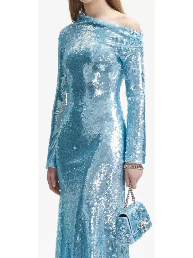 Women’s Blue Sequin Asymmetric Midi Dress