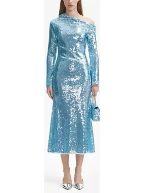 Women’s Blue Sequin Asymmetric Midi Dress