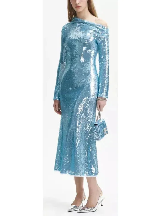 Women’s Blue Sequin Asymmetric Midi Dress