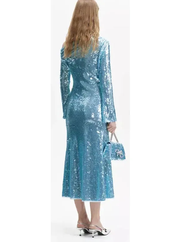 Women’s Blue Sequin Asymmetric Midi Dress