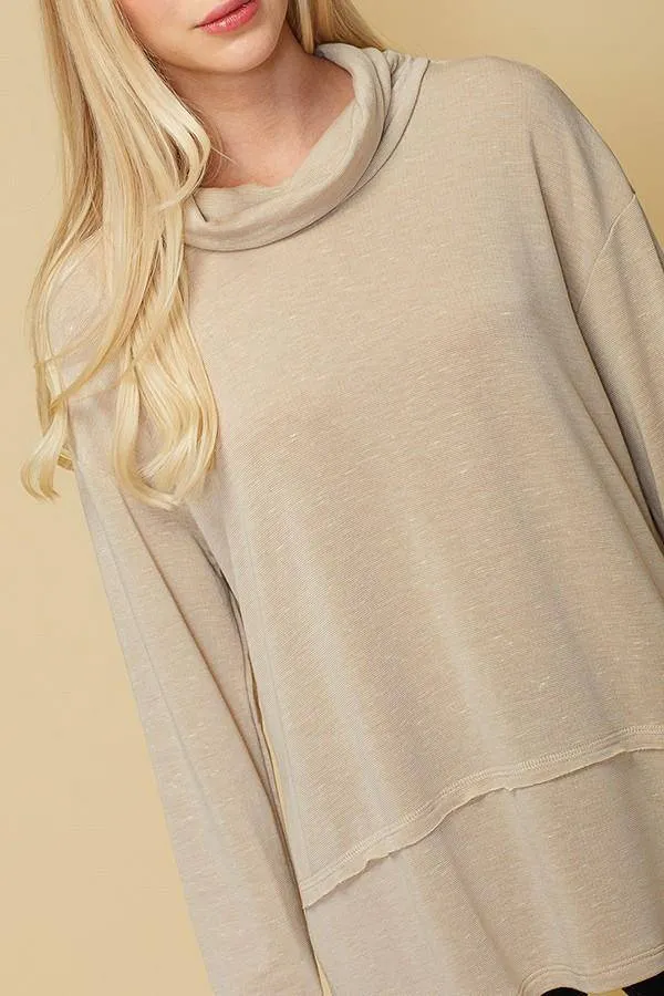 Women's Cowl Neck Drop Shoulder Layered Hem Top in Beige