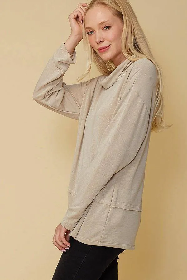 Women's Cowl Neck Drop Shoulder Layered Hem Top in Beige