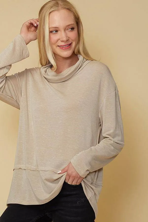 Women's Cowl Neck Drop Shoulder Layered Hem Top in Beige