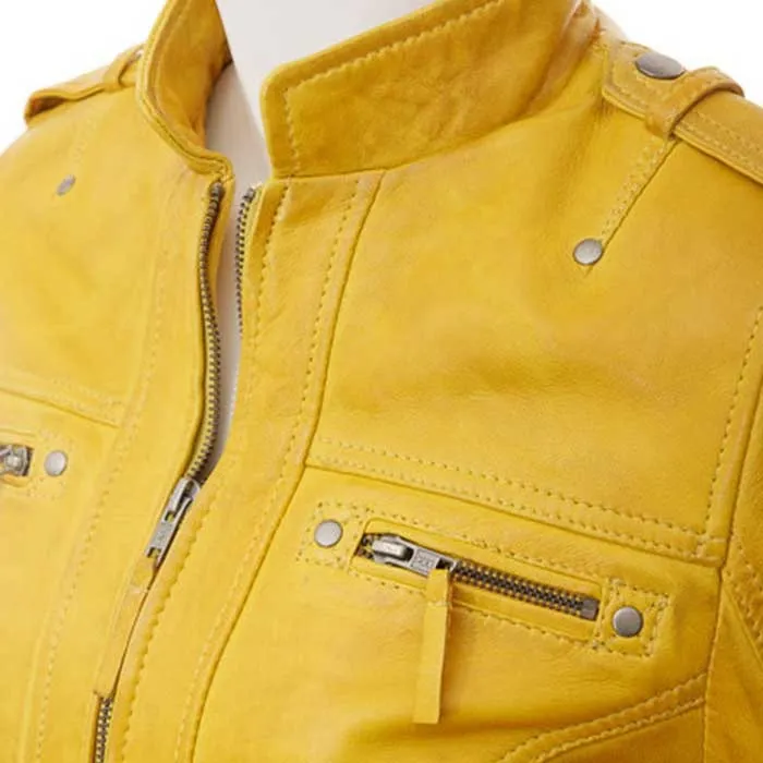 Womens Yellow Leather Biker Jacket