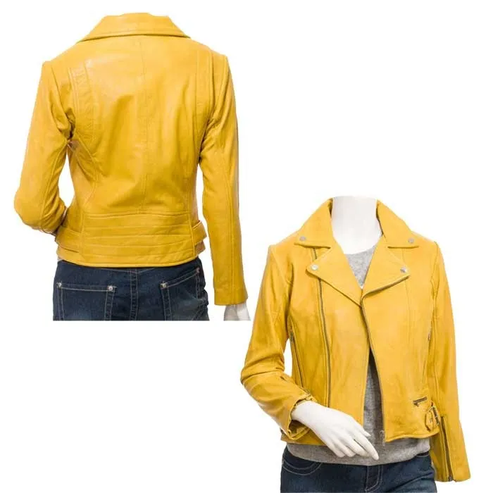 Womens Yellow Leather Biker Jacket