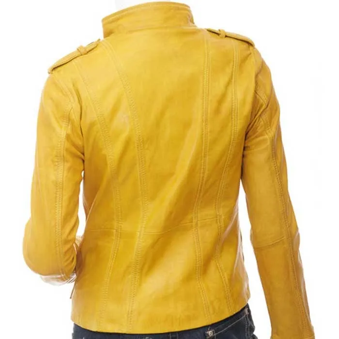 Womens Yellow Leather Biker Jacket